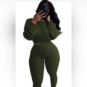 Olive Green Ribbed Two-Piece Set